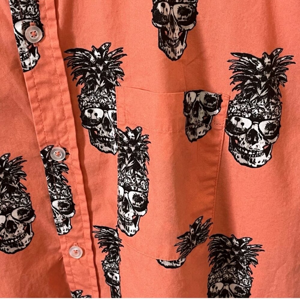 Pineapple Skull Button Down Shirt XL Coral Tropical Novelty Vacation Party - Picture 8 of 16